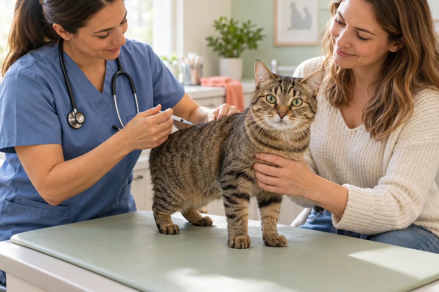 Veterinarian examining a tabby cat with an owner nearby